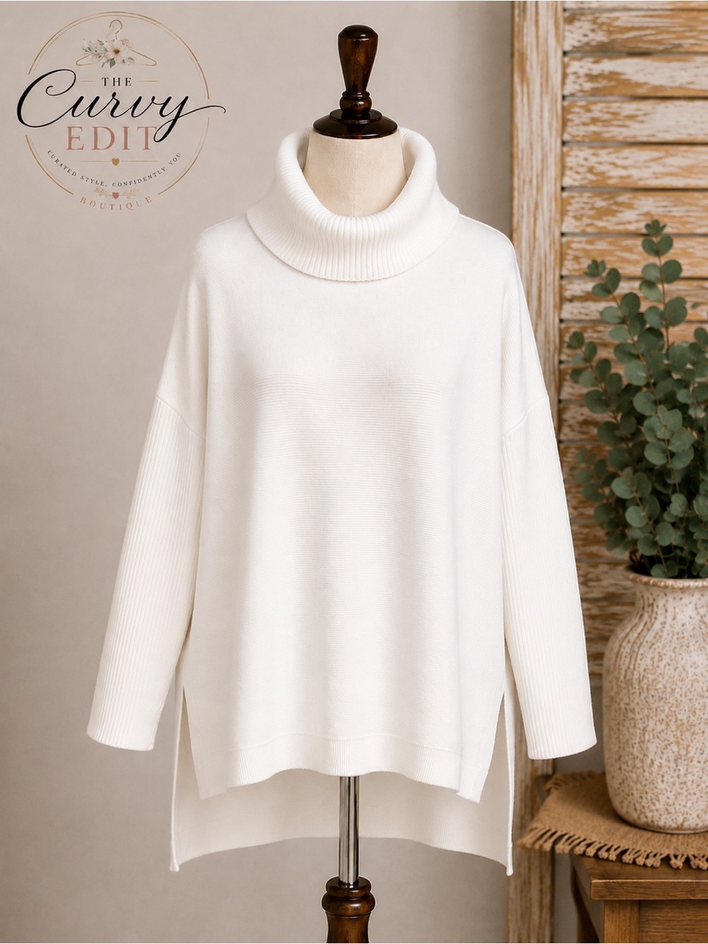Caracilia XL White Turtleneck Sweater Oversized High Low Side Slit Tunic Chic